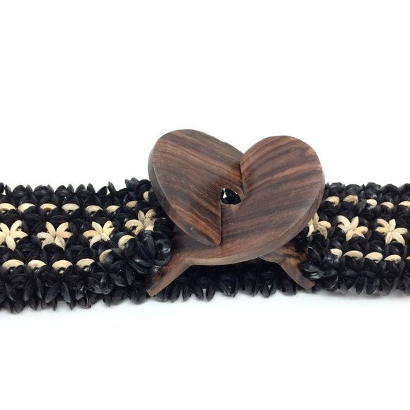 BOHO COCOCONUT BEAD Stretch Belt Wood Frangipani Buckle Black Cream main image 9